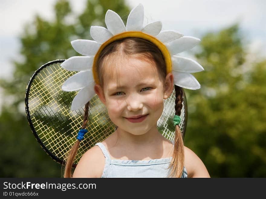 Portrait of little girl in camomile hat. Portrait of little girl in camomile hat