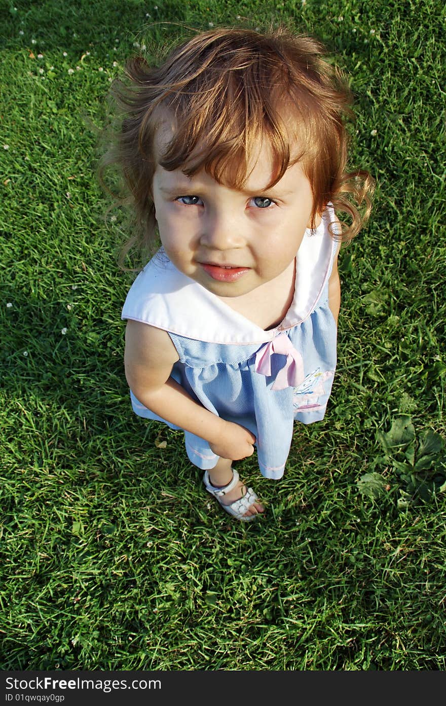 Cute little girl looking up. Grass background. Cute little girl looking up. Grass background