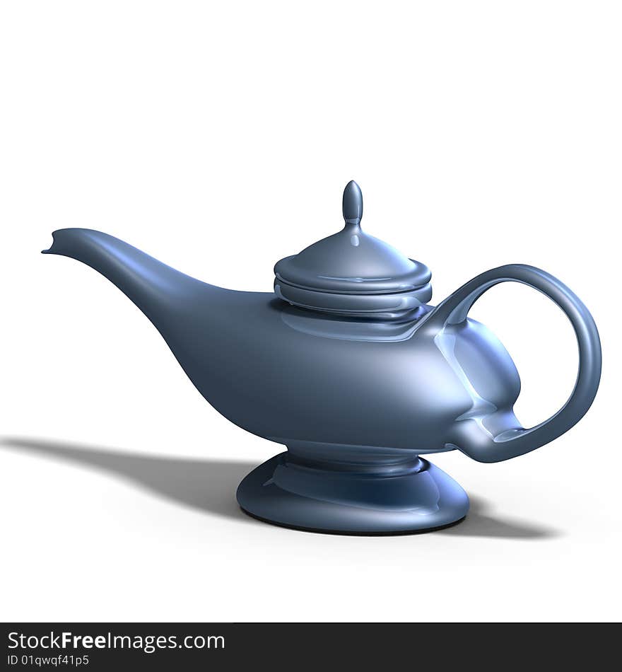 The magical lamp of Aladdin. 3D render with clipping path and shadow over white. The magical lamp of Aladdin. 3D render with clipping path and shadow over white