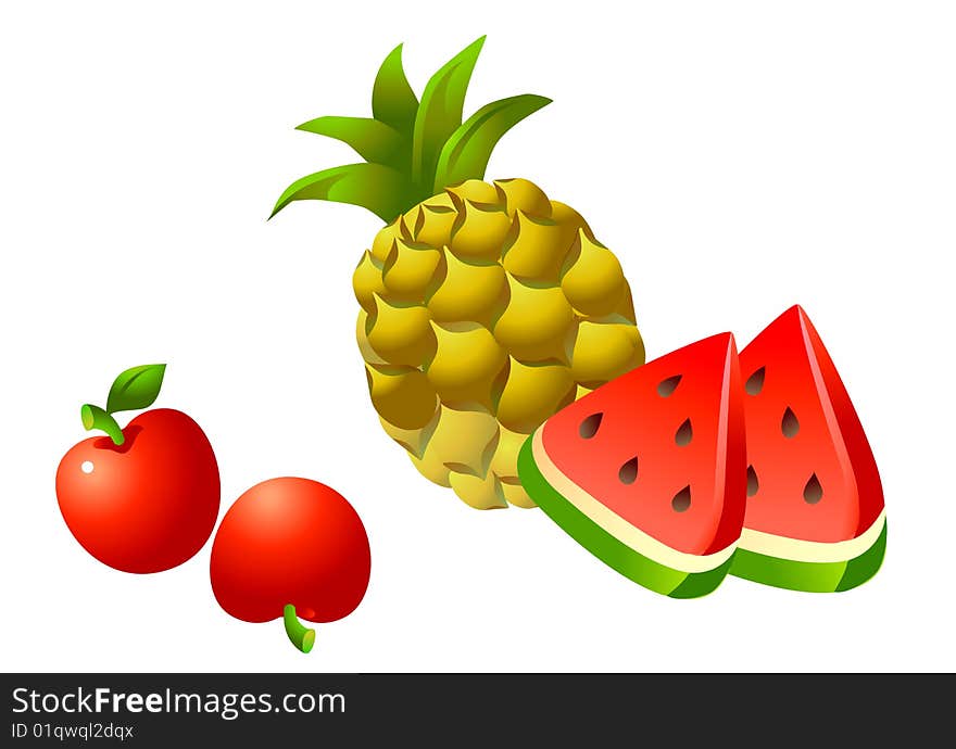 Pineapple tomato and watermelon  on the white background. Pineapple tomato and watermelon  on the white background