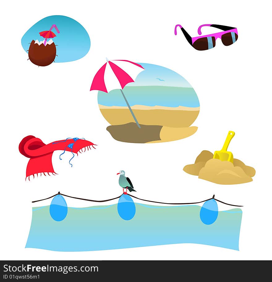 A set of sunny beach icons and scenes for illustrating of web, print or packaging. A set of sunny beach icons and scenes for illustrating of web, print or packaging.