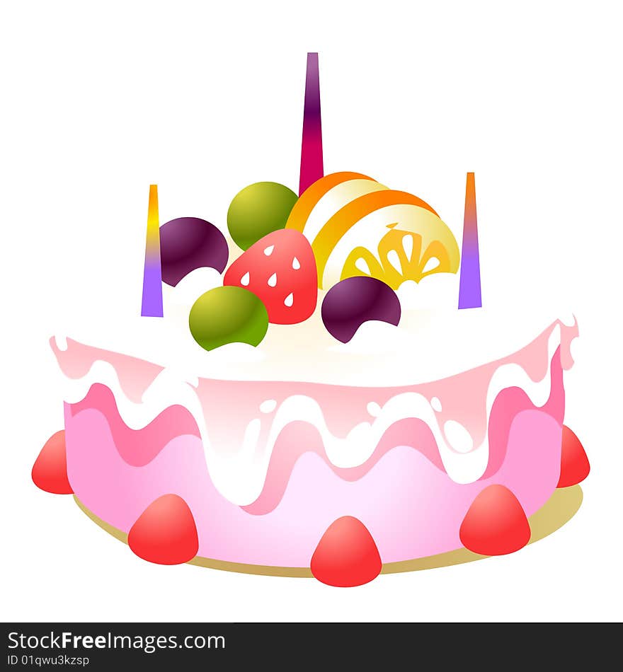 Birthday cake with candles and fruits on the white background