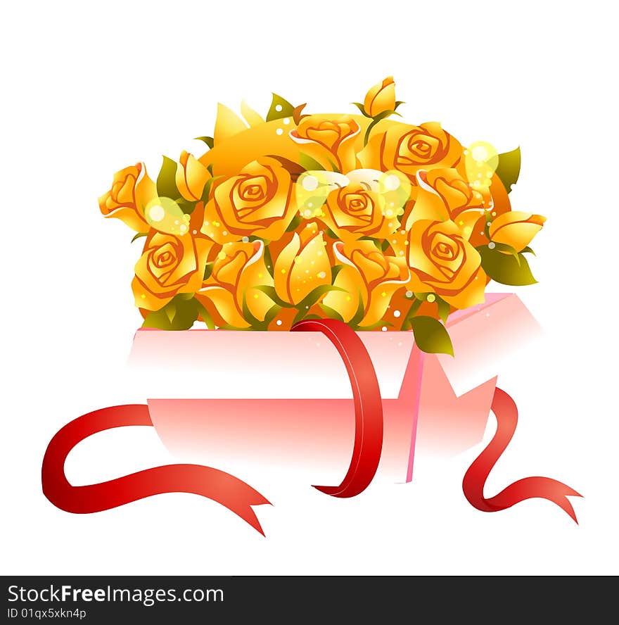 A pile of yellow roses in the pink box with red ribbon. A pile of yellow roses in the pink box with red ribbon