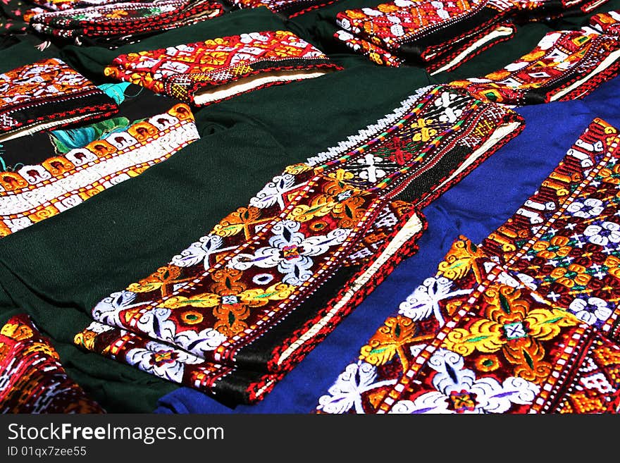 Element of national costume with traditional ornament. Turkmenistan. Ashkhabad market.