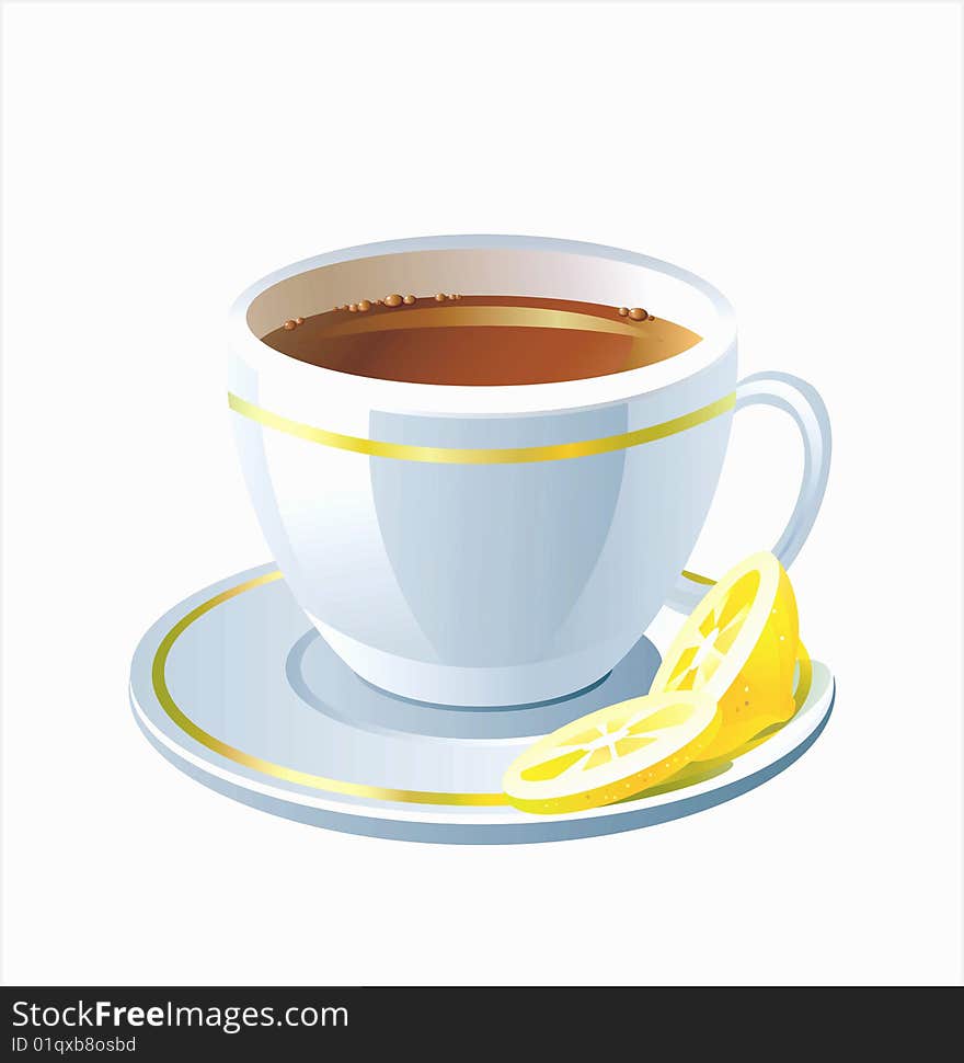 Vector cup of tea with lemon on white background