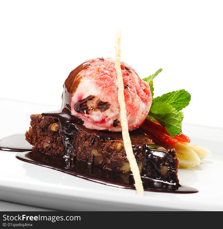 Dessert - Chocolate Pie with Berries Ice Cream and Fruits