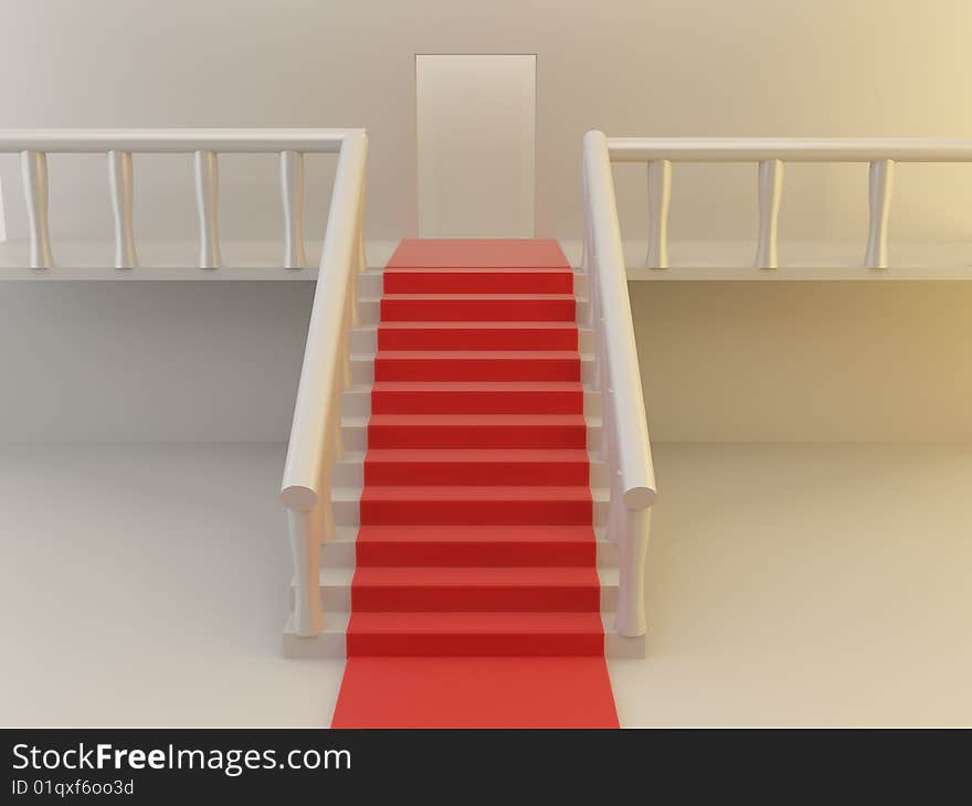 3d render of staircase and red carpet.