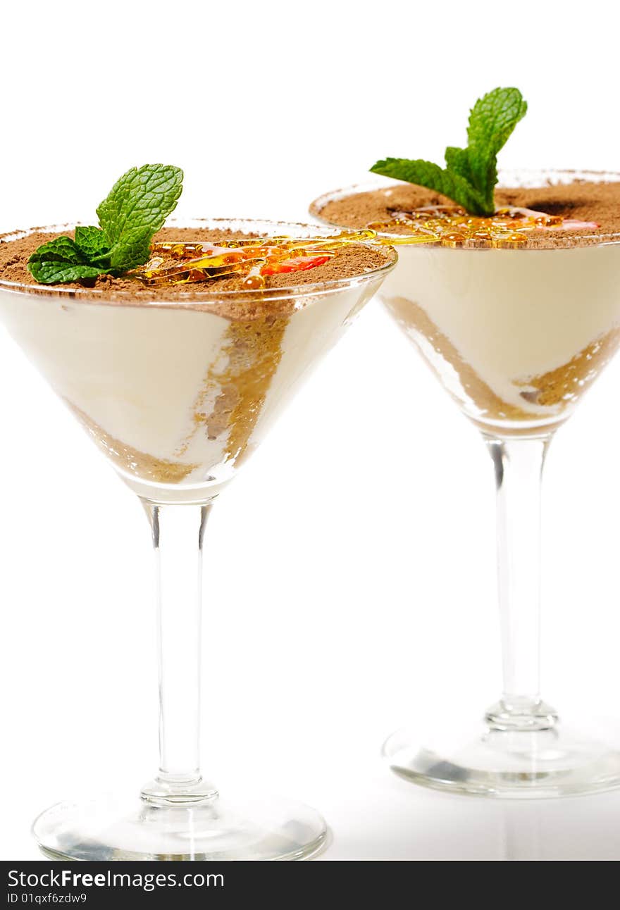 Tiramisu Dessert in a Glass with Mint and Strawberry