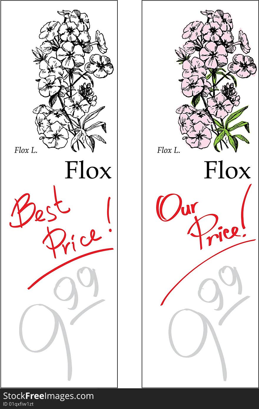 Flox - two price tags for flower shop; old woodcut imitation