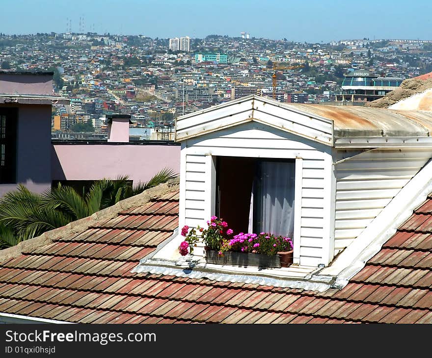 Roof window of the house in Valparaiso, Chile. Roof window of the house in Valparaiso, Chile