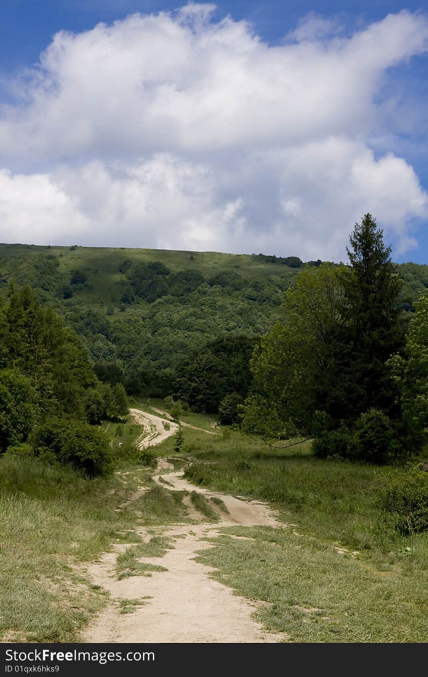 Hiking road to the top in National Park of Bieszczady Mountains in Poland