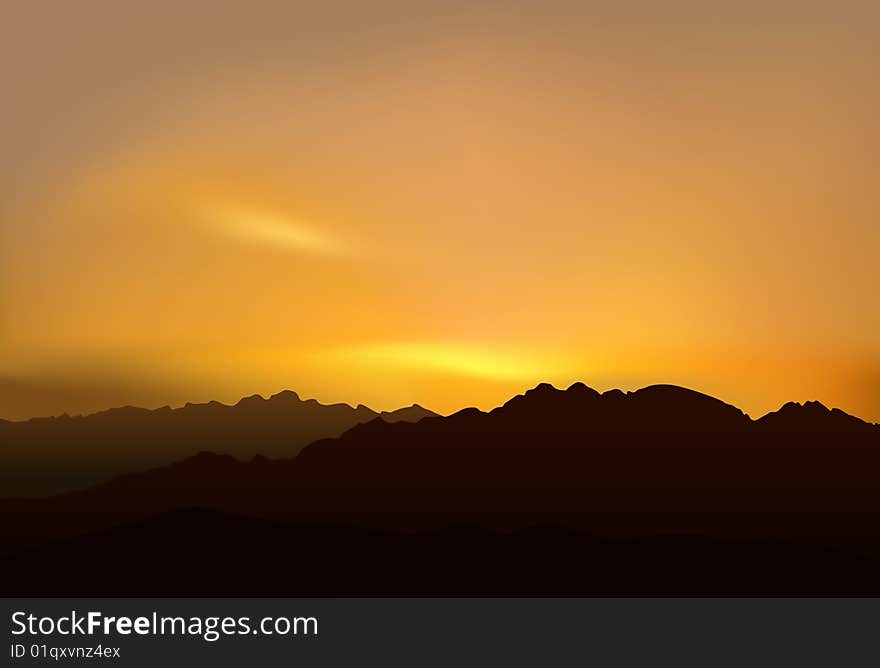 Realistic vector illustration of mountains over picturesque sunset.