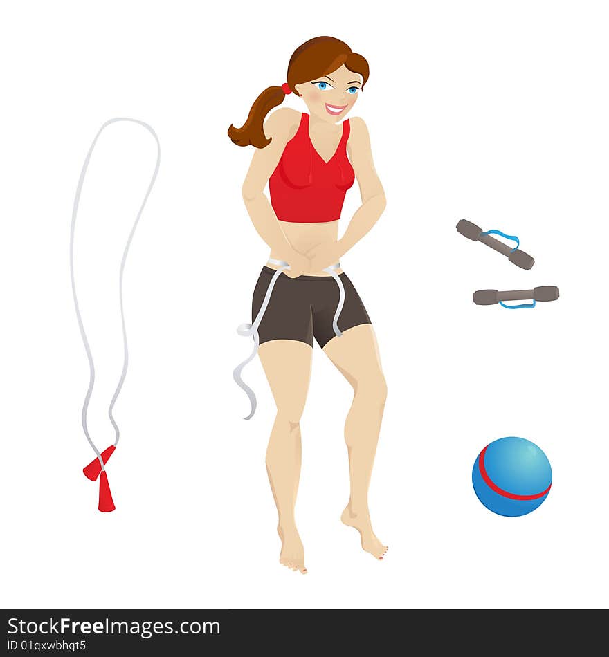 Illustration of a girl measuring her waist (cheating a little by trying to squeeze out a couple centimeters), in sports clothes. Her figure is the one of a healthy, normally built girl that exercises regularly. Bonus: sport utensils as separate objects. Illustration of a girl measuring her waist (cheating a little by trying to squeeze out a couple centimeters), in sports clothes. Her figure is the one of a healthy, normally built girl that exercises regularly. Bonus: sport utensils as separate objects.