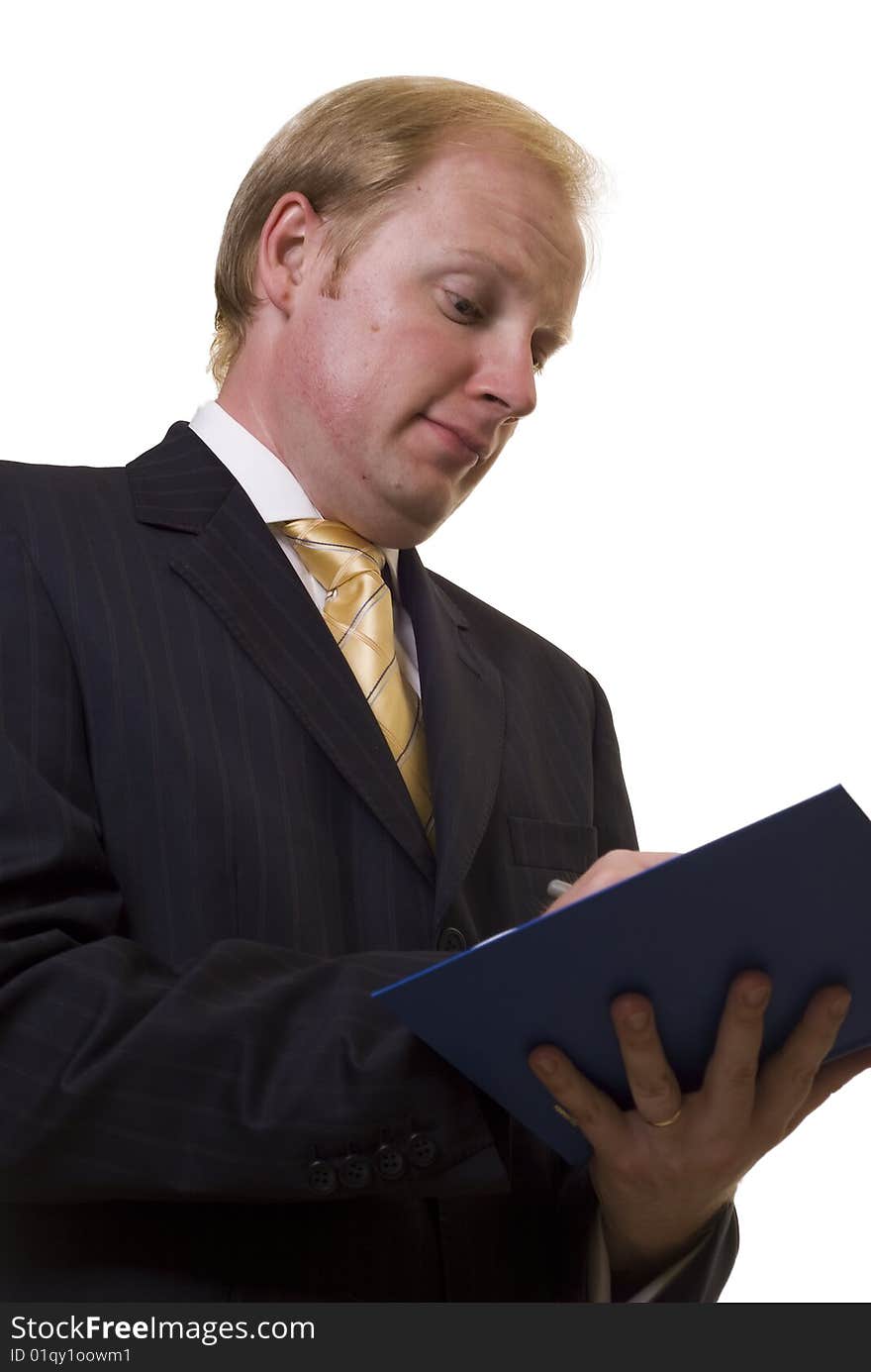 Businesman taking notes on white background