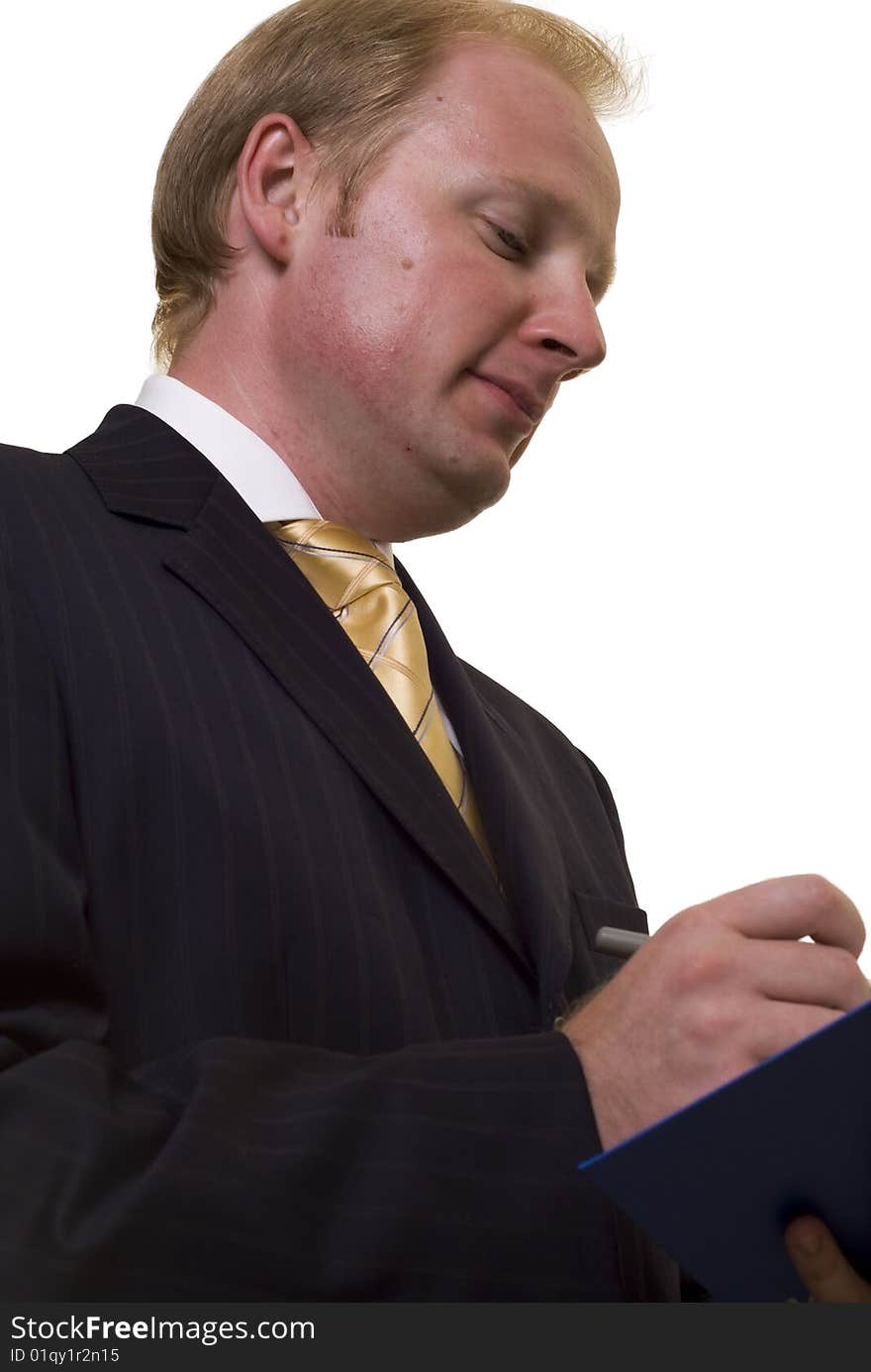 Businesman taking notes on white background