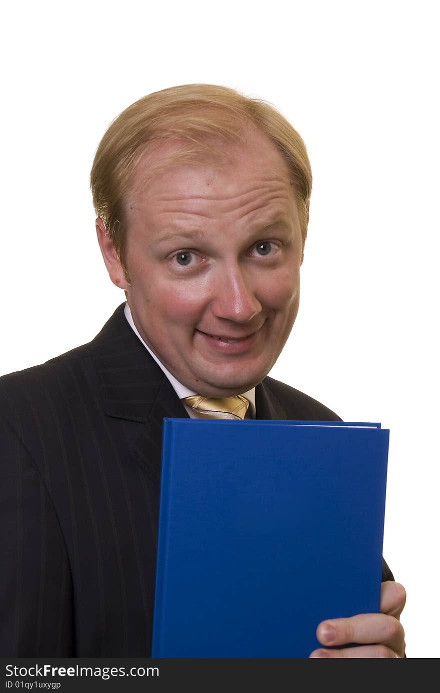 Businesman holding a notepad on white background. Businesman holding a notepad on white background