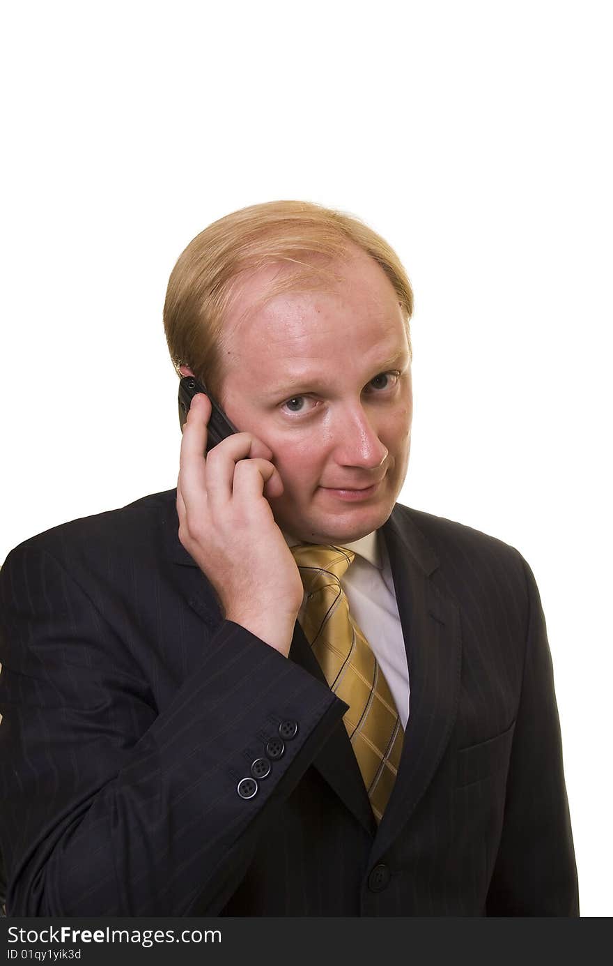 Businesman speeking on the phone on white background. Businesman speeking on the phone on white background