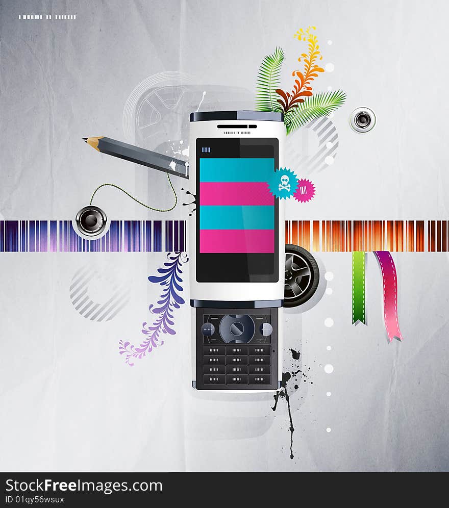 Illustration of a cellular phone with patterns on the background