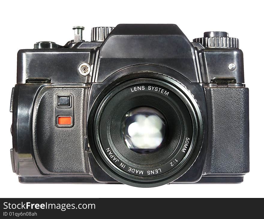 Old vintage reflex film camera isolated. Old vintage reflex film camera isolated