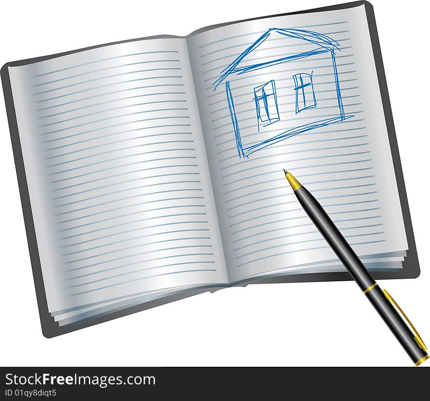 Background with book with drawing of house