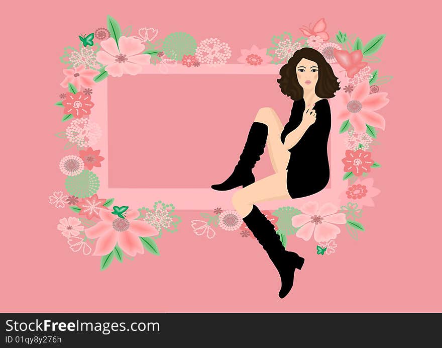 Beautiful woman in boots framed by abstract floral ornament