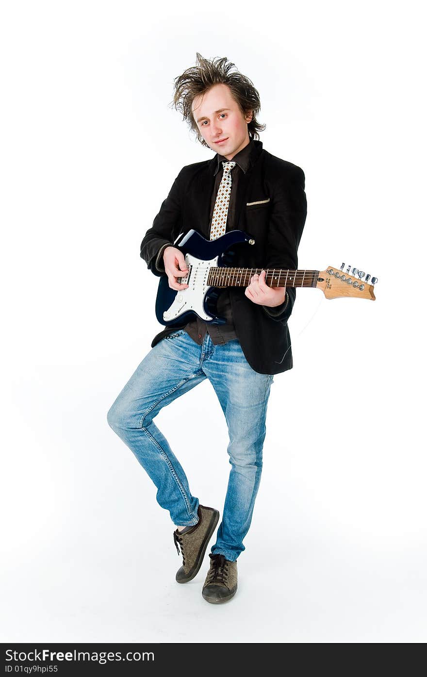 Man playing electro guitar, isolated on white background