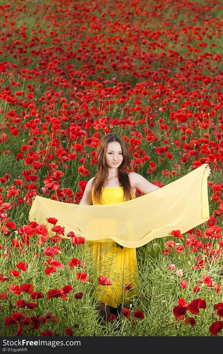 Beautiful young girl with yellow scarf in the poppy field, high angle view