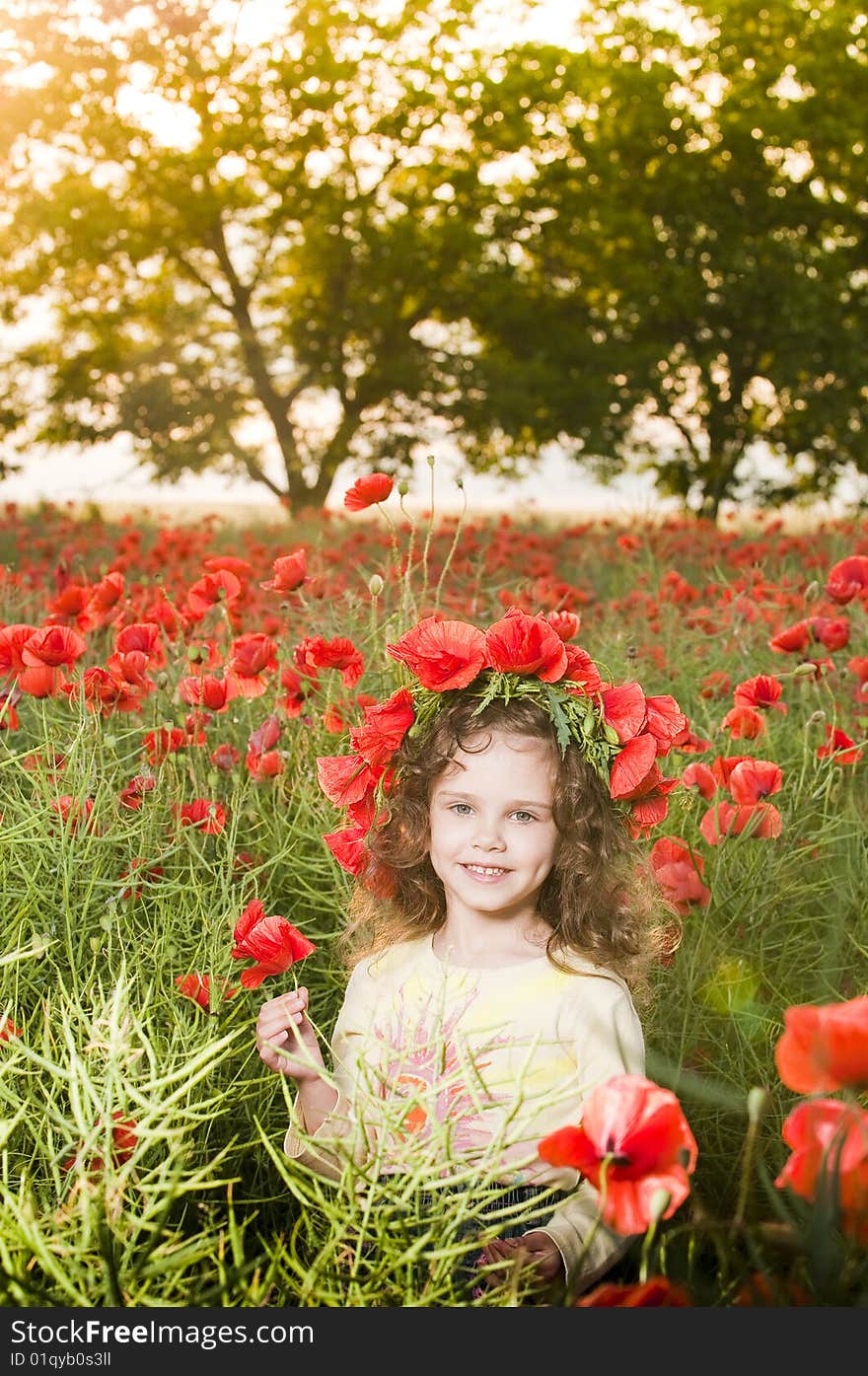 Smiling little girl in the poppy field