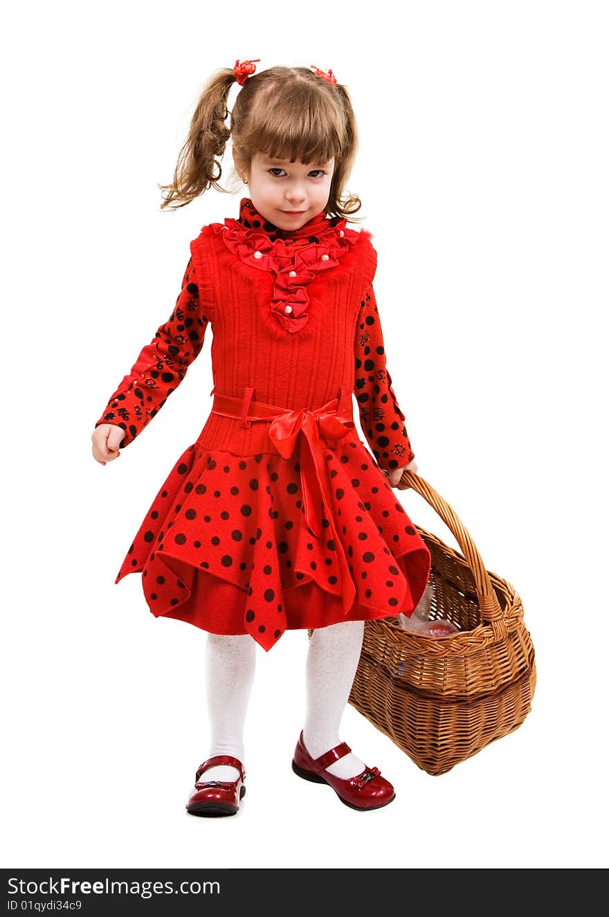 Beautiful little girl in red dress holding basket, isolated on white