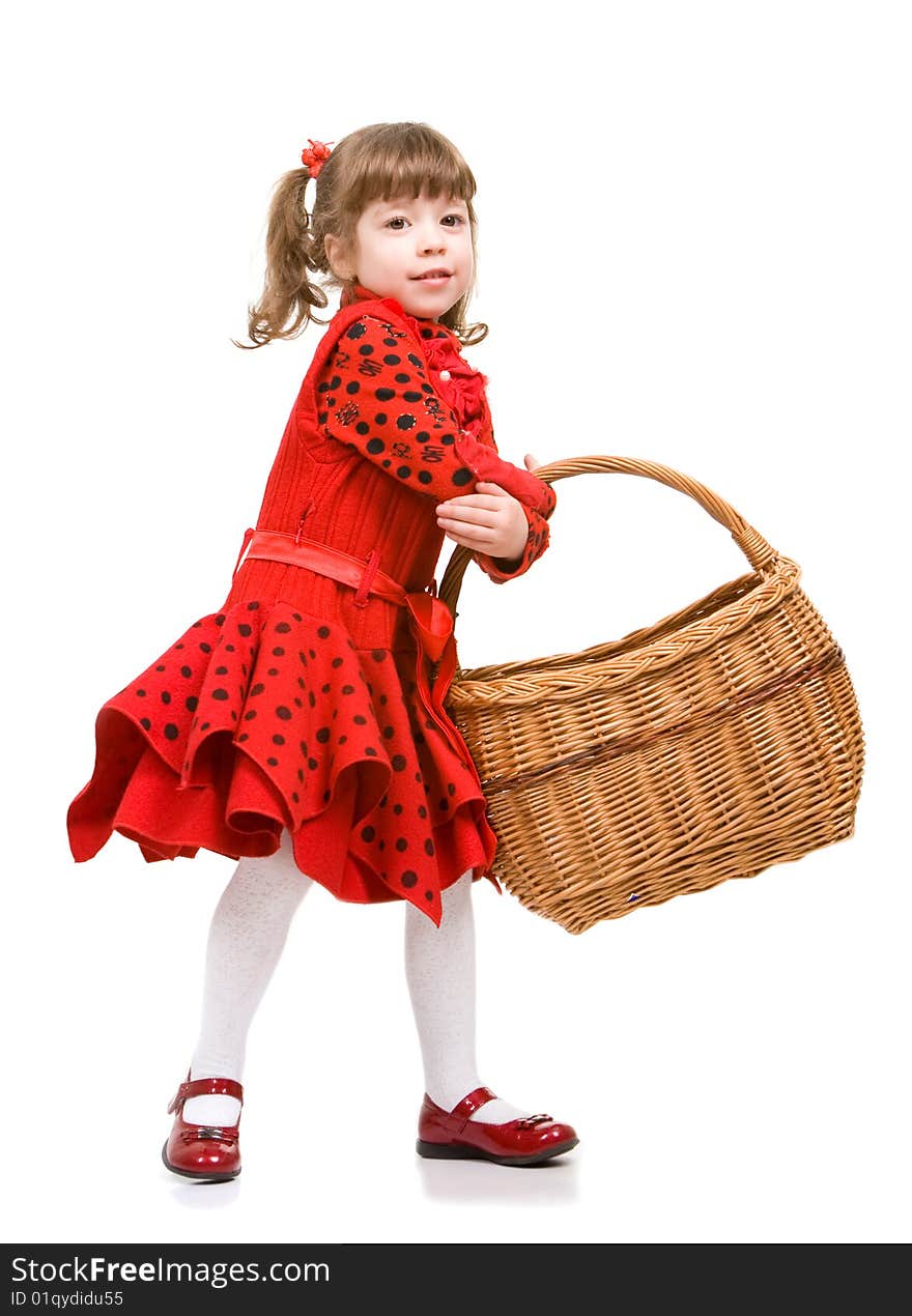 Beautiful little girl in red dress holding basket, isolated on white