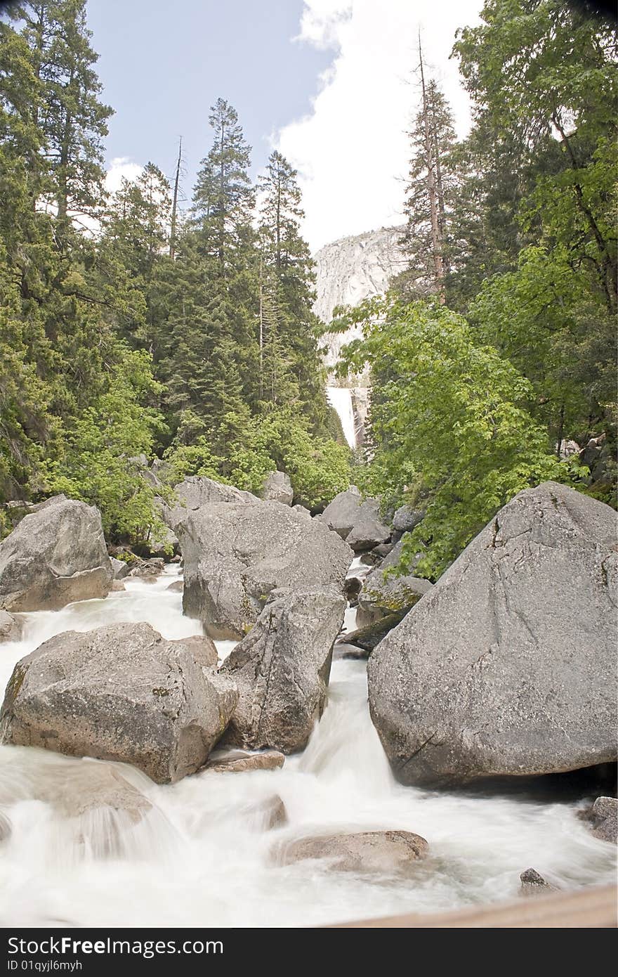 Yosemite NP Base of Vernal Falls River with Rapids.  This image was processed to increase dynamic range and vibrance.