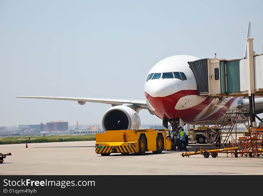 Airplane is waiting for departure in pudong airport shanghai china. Airplane is waiting for departure in pudong airport shanghai china.