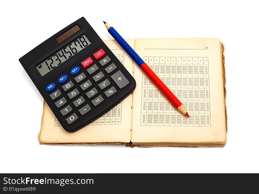 Calculator with an old book on white background. Calculator with an old book on white background