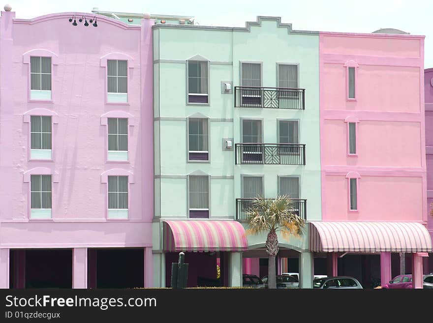 Colorful buildings in downtown area of small town