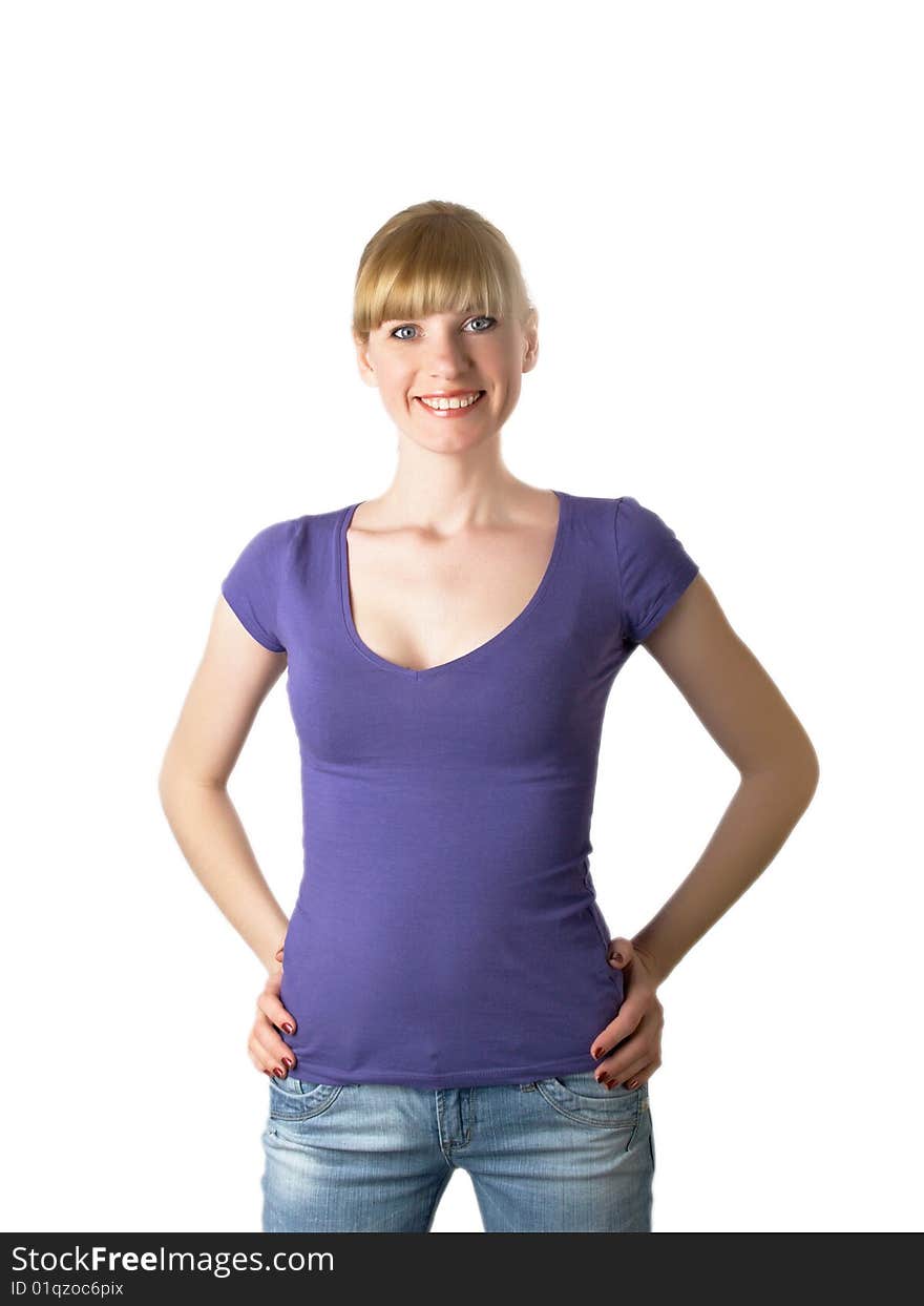 Girl with jeans on the white background. Girl with jeans on the white background