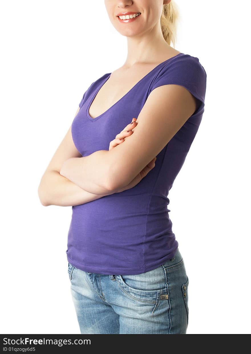 Girl with jeans on the white background. Girl with jeans on the white background