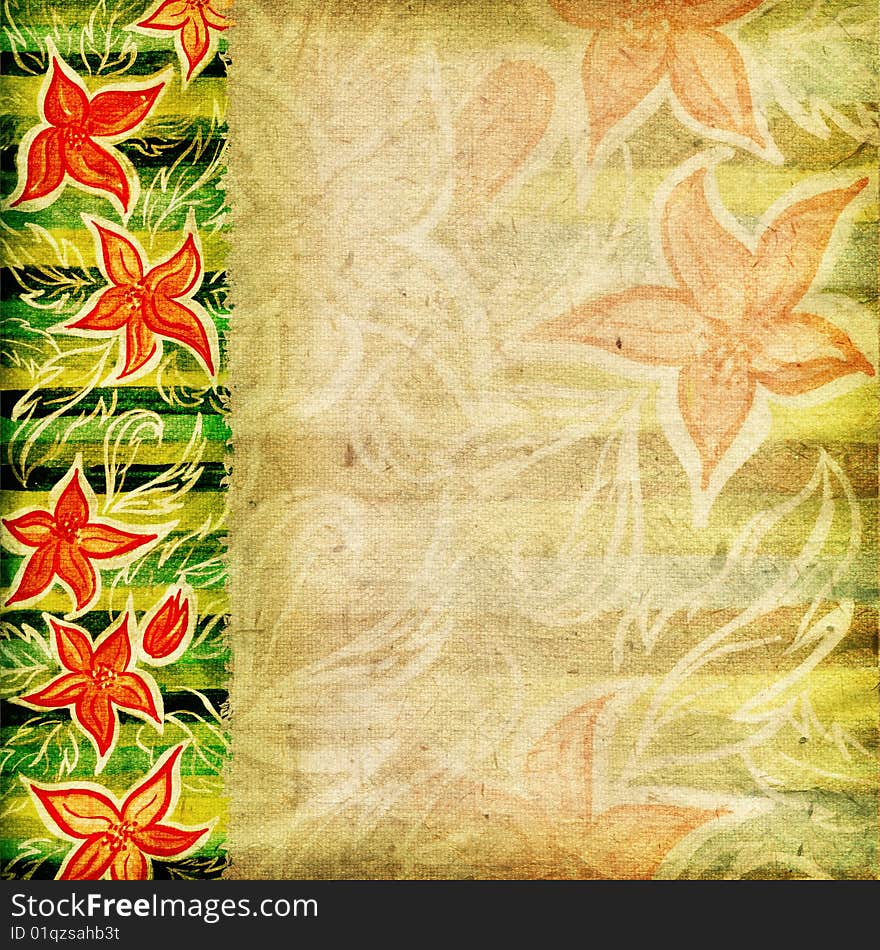 Textured background with natural painted flowers and stripes. Textured background with natural painted flowers and stripes