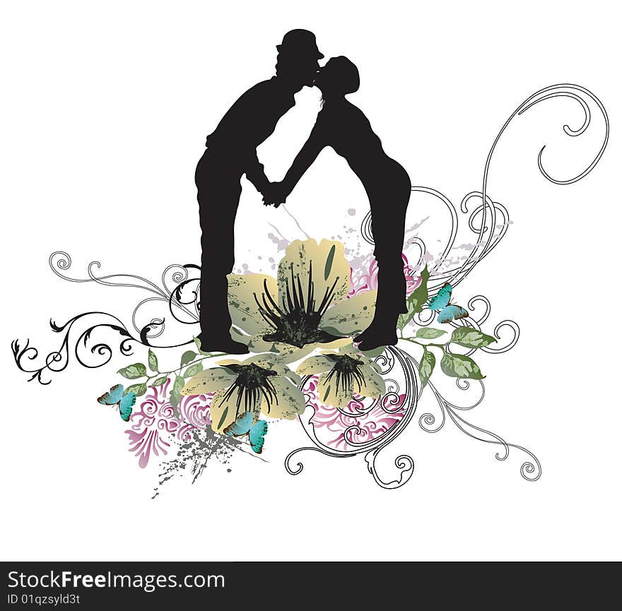 Illustration of a couple and floral patterns. Illustration of a couple and floral patterns