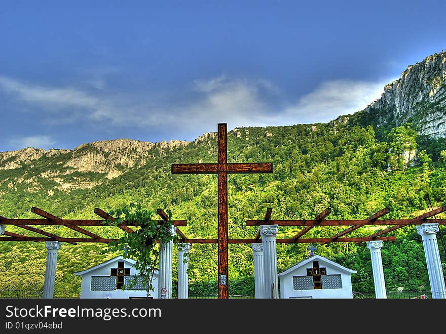 Serene scene with a religious shrine in a natural landscape. Serene scene with a religious shrine in a natural landscape