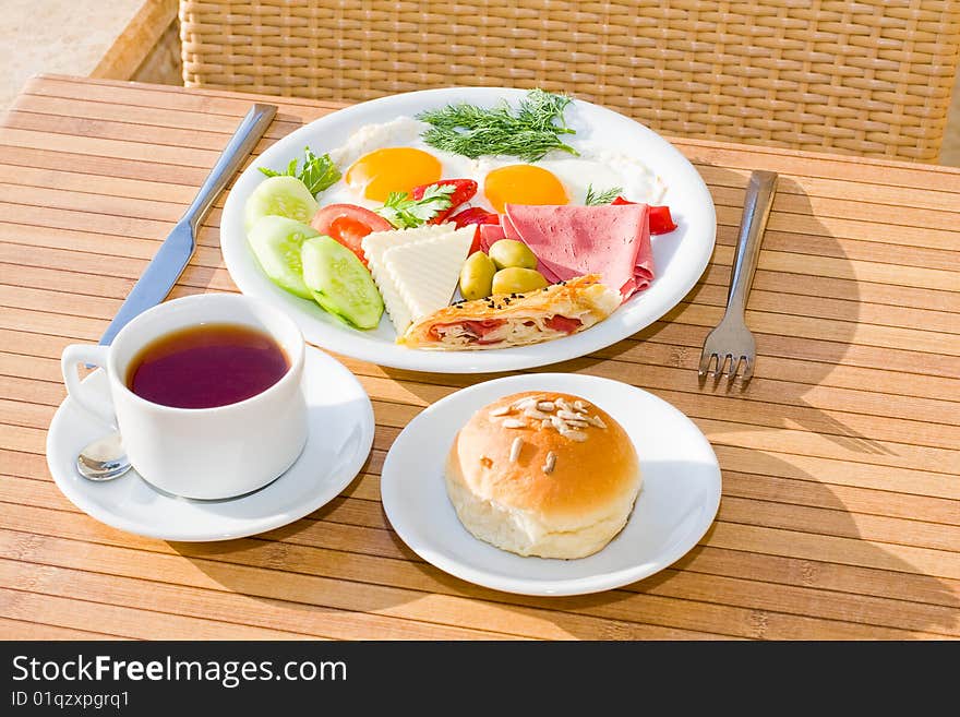 Breakfast served on the table. Breakfast served on the table