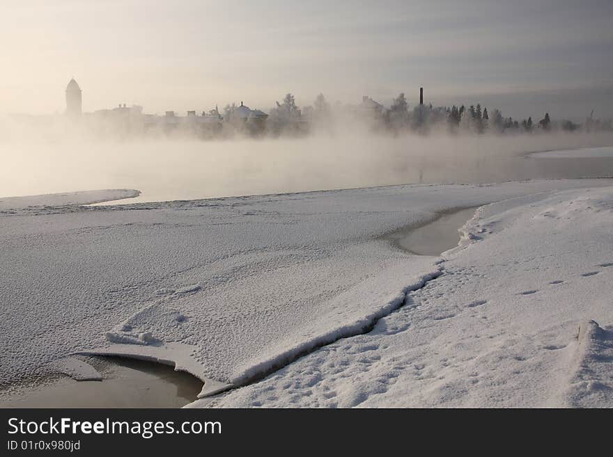 Very cold day, view over a river in Finland