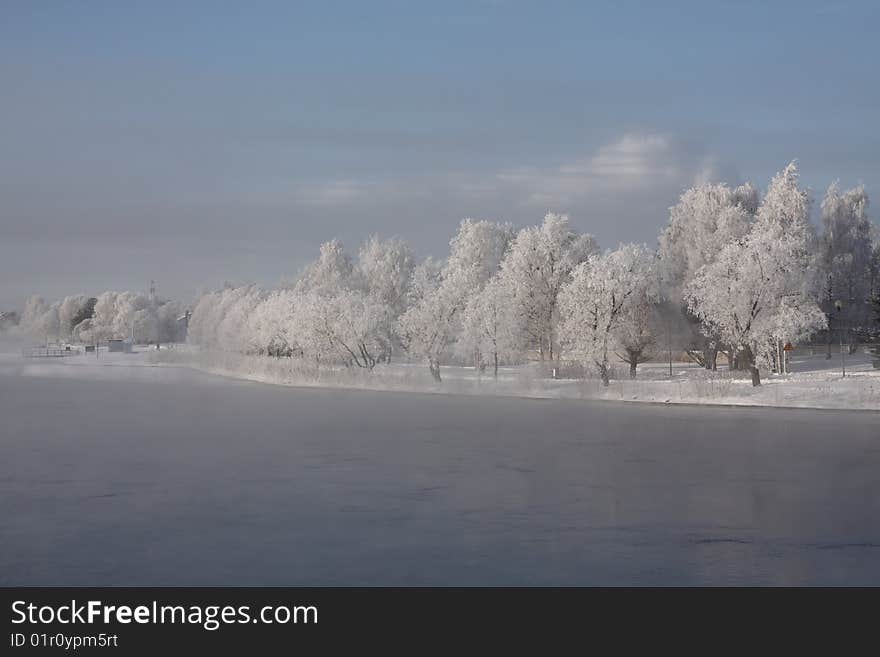 Very cold day, view over a river in Finland