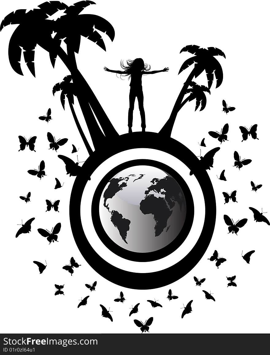 The vector silhouette girl on globe