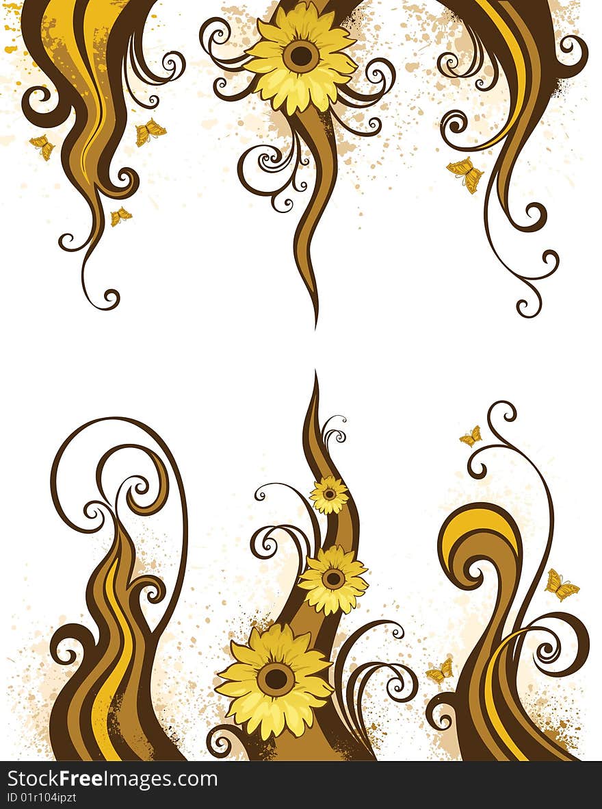Brown design element with yellow flowers and butterfly