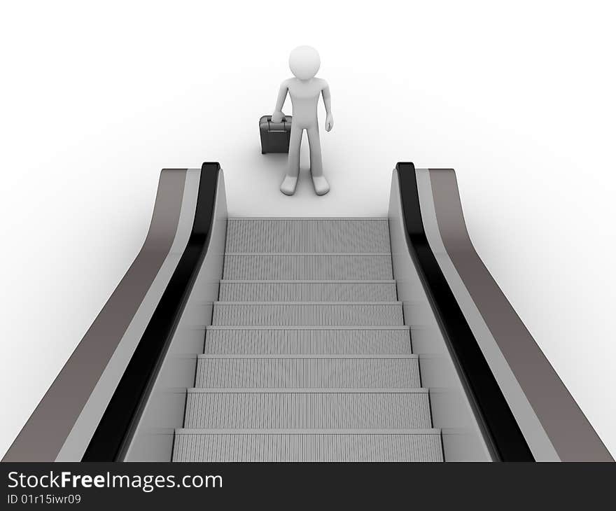 Man with suitcase standing before escalator. Man with suitcase standing before escalator