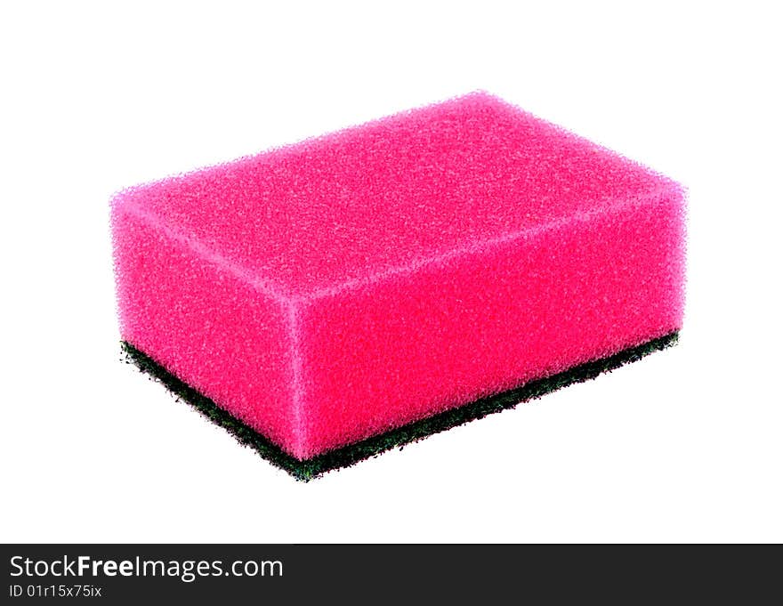 Pink sponge for washing of dirty ware and work on kitchen. Isolated.