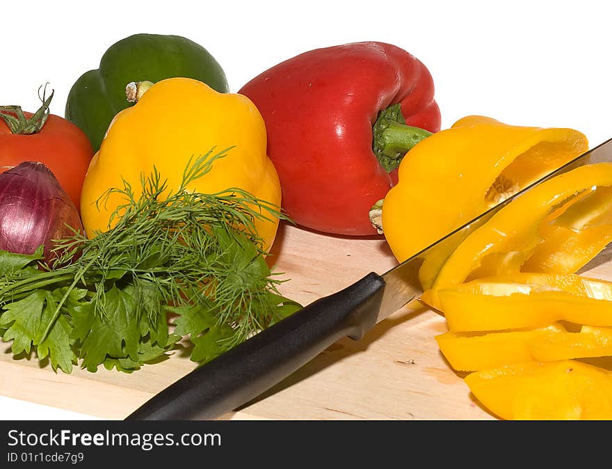 With knife on wood cutting board. With knife on wood cutting board