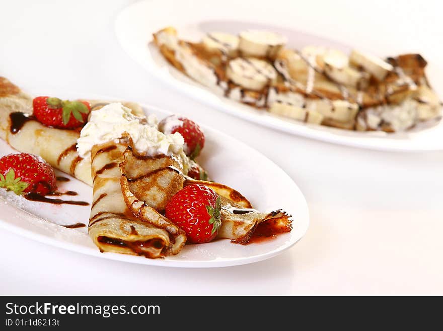 Dessert Plate Witn Pancakes And Strawberry