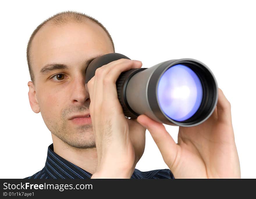 Man looking through spyglass. Isolated on white