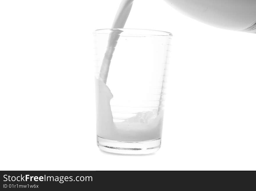 Filling glass with milk on white ground